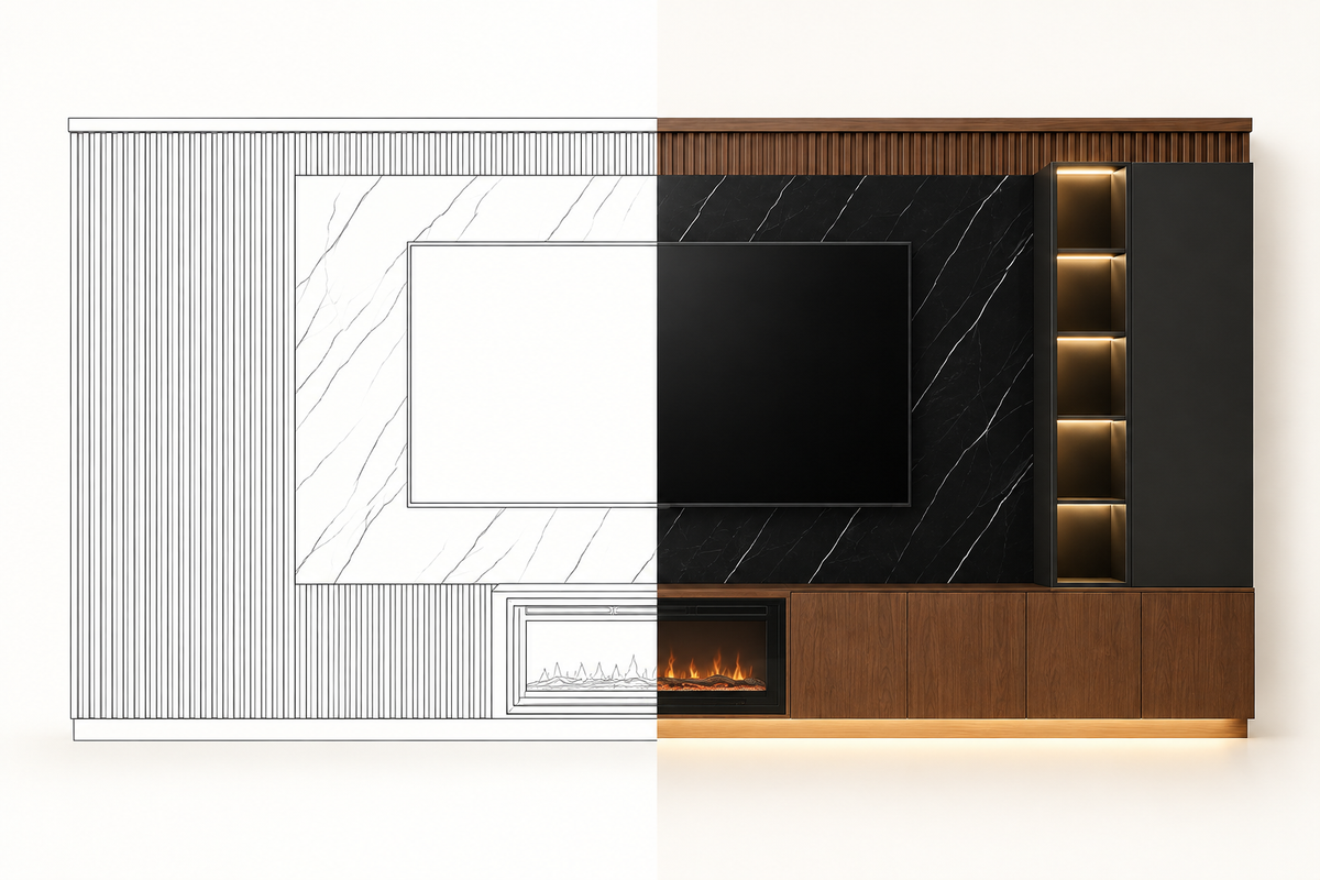 MOB PL - 001 MAN en vista frontal, mitad dibujo lineal y mitad render realista con chimenea, mármol negro y torre iluminada.