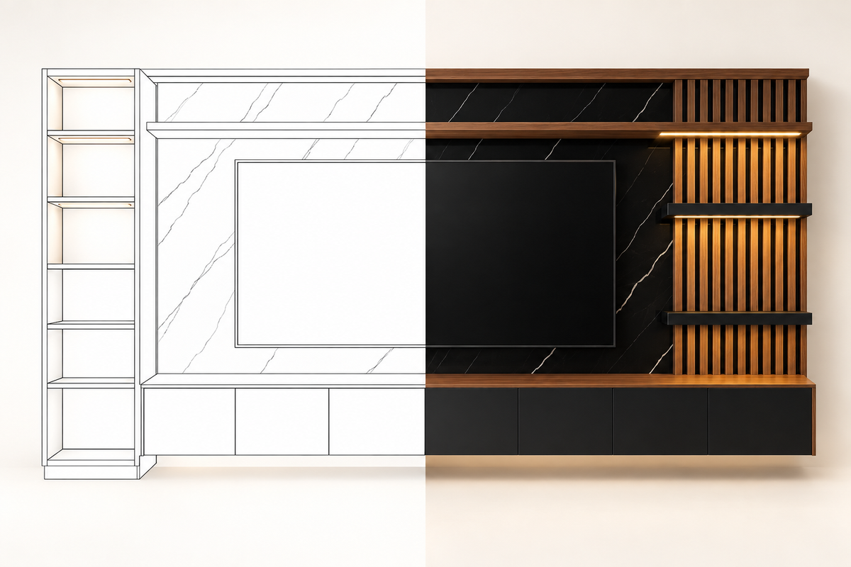MOB PL - 002 DAN en vista frontal, mitad dibujo lineal y mitad render realista con nogal, mármol negro y repisas iluminadas.