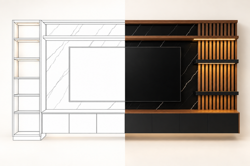 MOB PL - 002 DAN en vista frontal, mitad dibujo lineal y mitad render realista con nogal, mármol negro y repisas iluminadas.