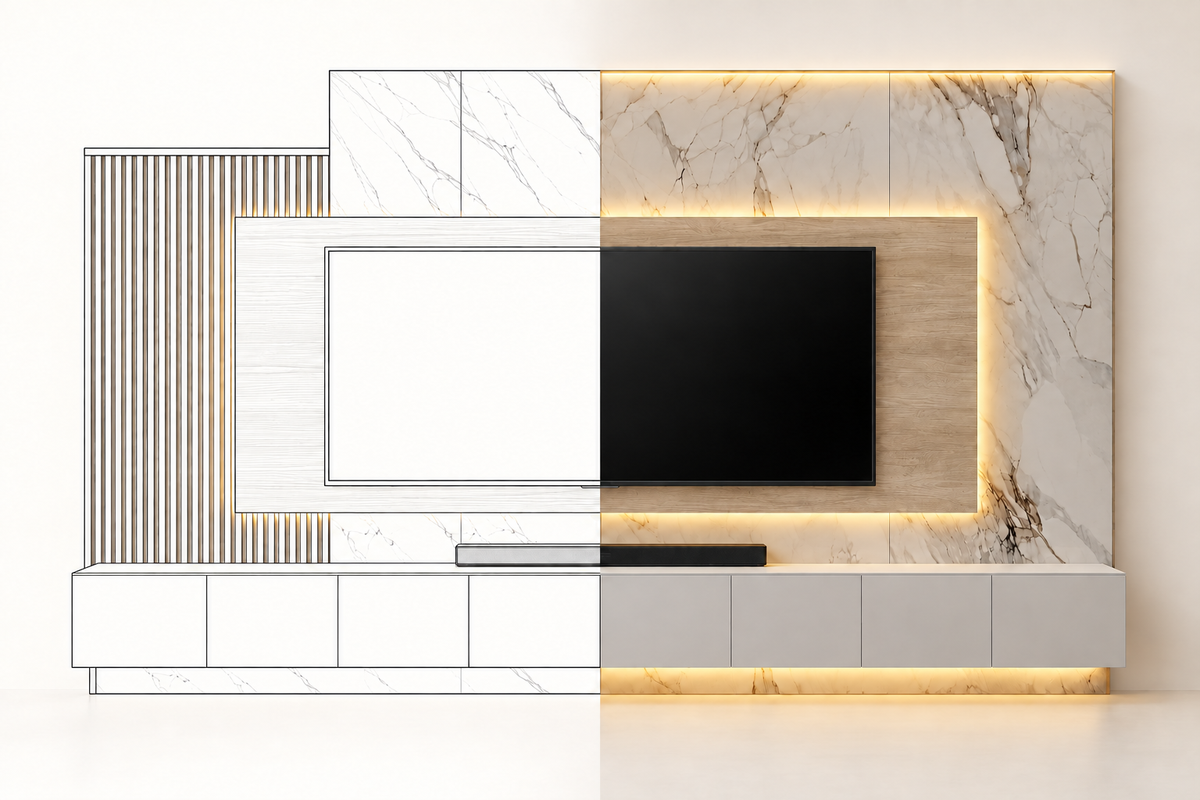 MOB PL - 004 SEN en vista frontal, mitad dibujo lineal y mitad render realista con mármol, panel de madera e iluminación indirecta.