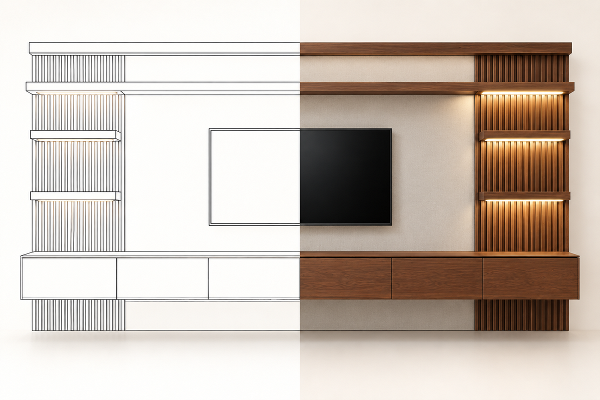 MOB PL - 005 LOR en vista frontal, mitad dibujo lineal y mitad render realista con nogal, panel central y repisas iluminadas.