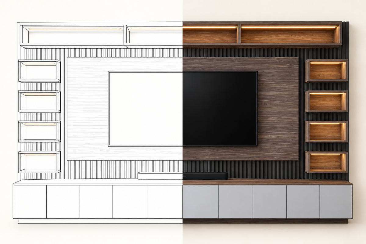 MOB PL - 006 PRL en vista frontal, mitad dibujo lineal y mitad render realista con cubos iluminados y panel central de madera.