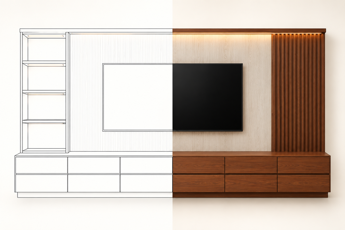 MOB PL - 007 MAR en vista frontal, mitad dibujo lineal y mitad render realista, con torre lateral y cajoneras de madera.
