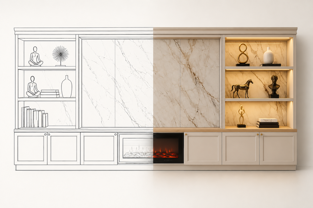 Vista frontal del mueble MOB PM - 001 PAR, mitad dibujo lineal y mitad render.