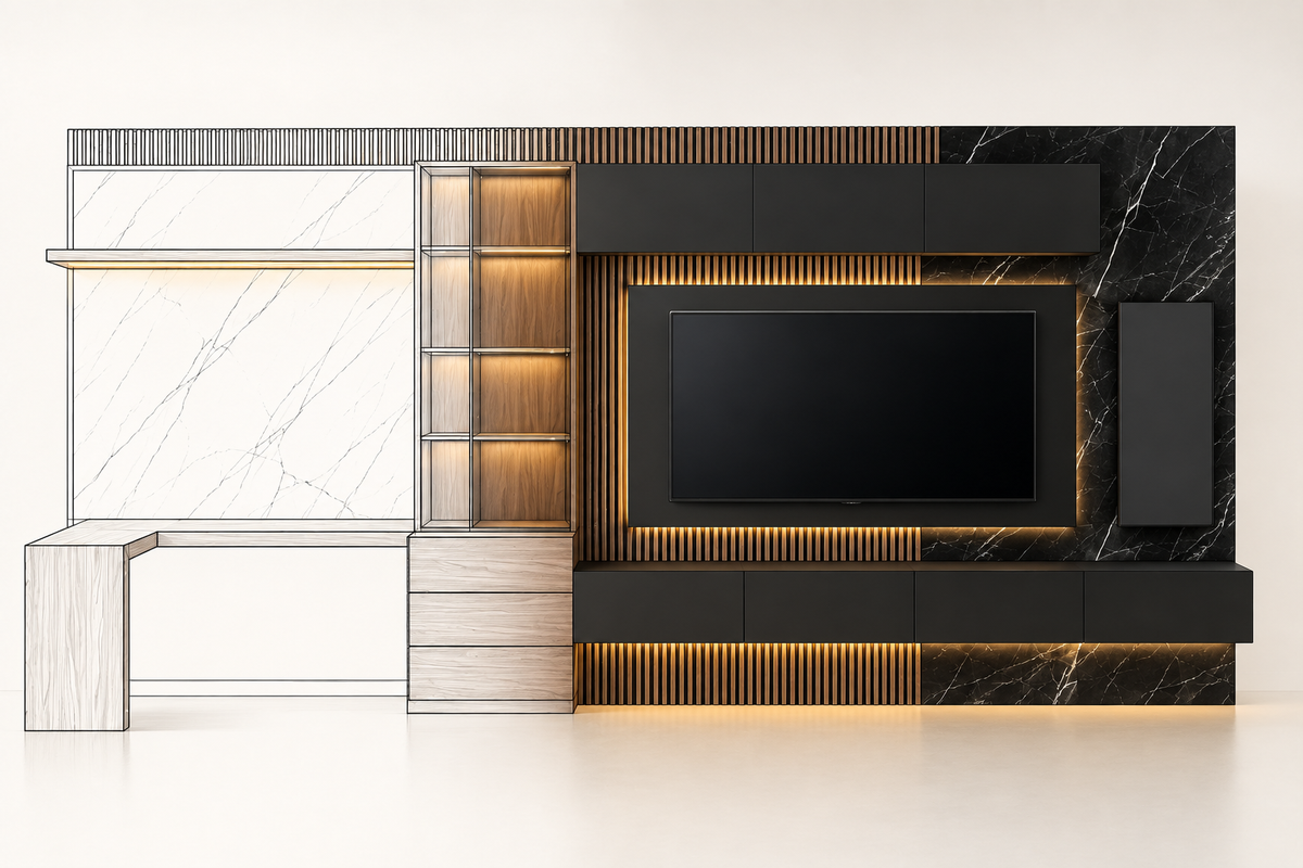 Vista frontal del mueble MOB PM - 002 DCG con escritorio y vitrina, combinando dibujo lineal y render.