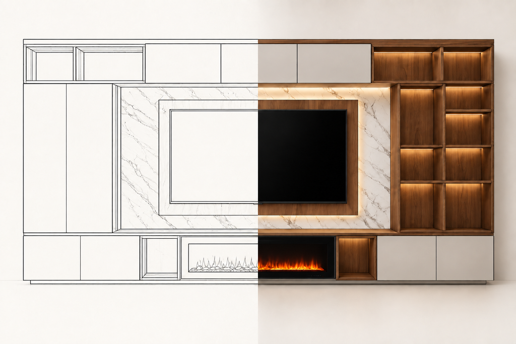 Vista frontal del mueble MOB PM - 003 BOR con chimenea y librero iluminado, mitad dibujo lineal y mitad render.
