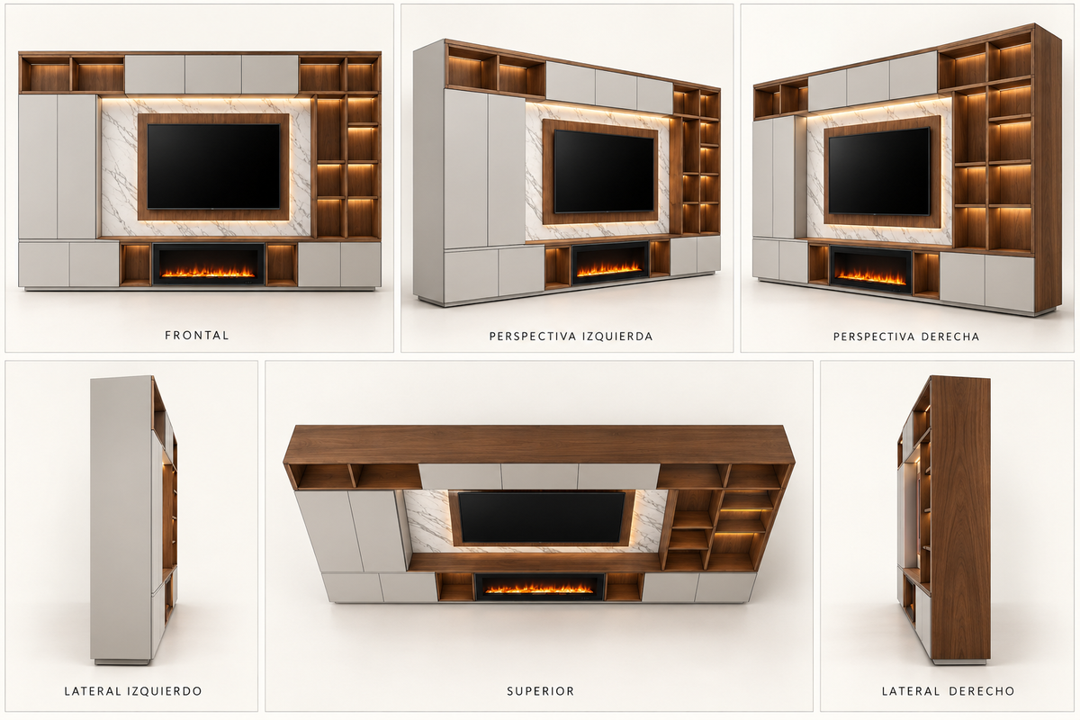 MOB-PM-003-BOR — seis vistas ilustrativas en render