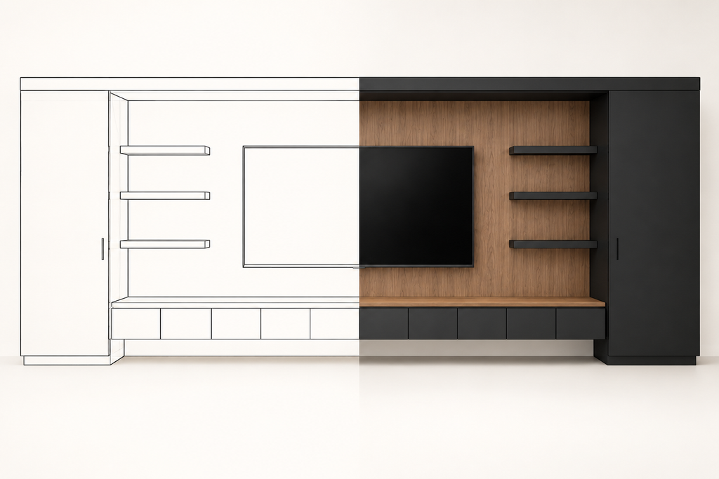 Vista frontal del mueble MOB PM - 004 STR, mitad dibujo lineal y mitad render, con panel de madera y marco negro.