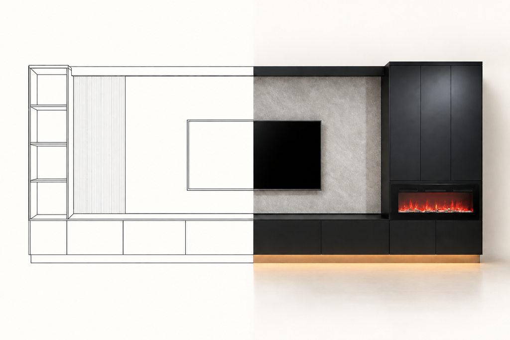 MOB PM - 005 TG en vista frontal, mitad dibujo lineal y mitad render, con torre iluminada y módulo lateral para chimenea.