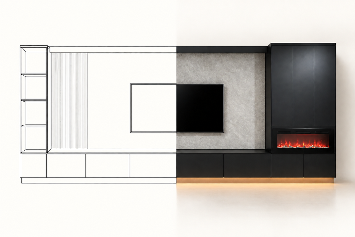 MOB PM - 005 TG en vista frontal, mitad dibujo lineal y mitad render, con torre iluminada y módulo lateral para chimenea.