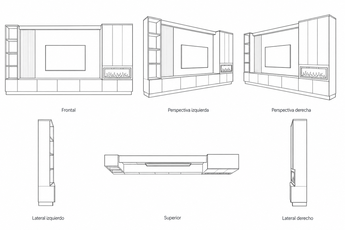 MOB PM - 005 TG — lámina ilustrativa de seis vistas en dibujo lineal, sin cotas.