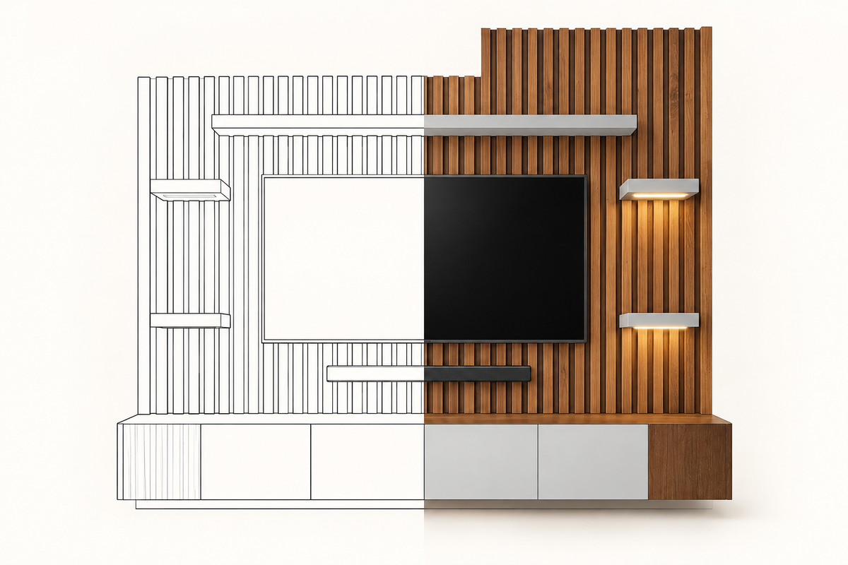 Vista frontal del mueble MOB ST - 001 AMZ con lambrín de nogal y repisas iluminadas, mitad dibujo lineal y mitad render.