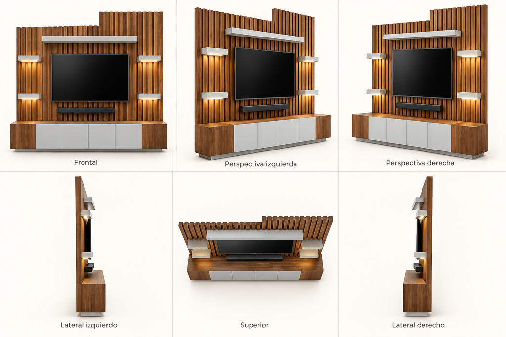 MOB-ST-001-AMZ — seis vistas ilustrativas en render