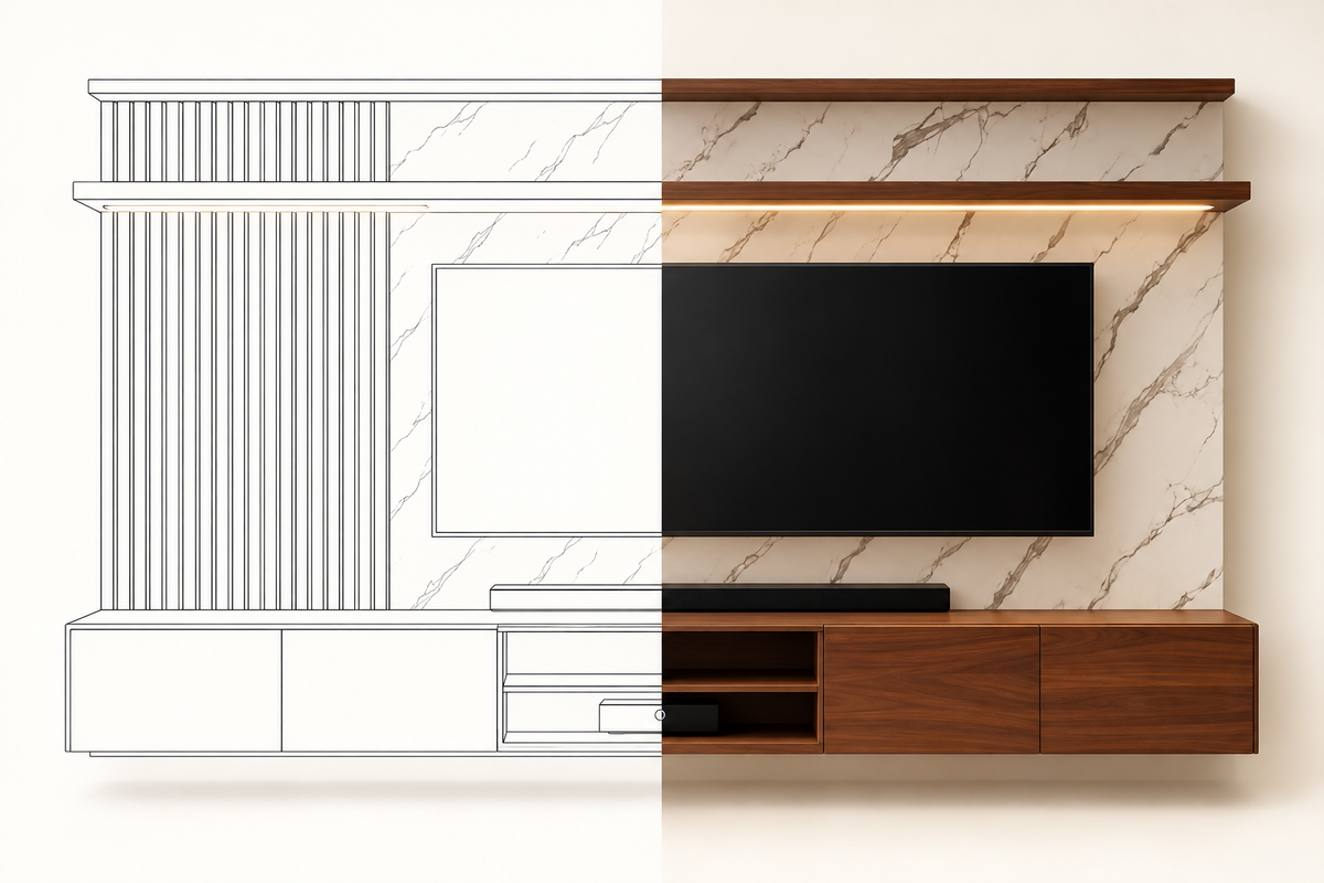 MOB ST - 002 VIT en vista frontal, mitad dibujo lineal y mitad render realista en nogal y mármol.