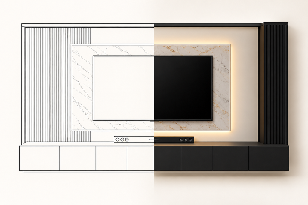 MOB ST - 004 ANS en vista frontal, mitad dibujo lineal y mitad render realista.