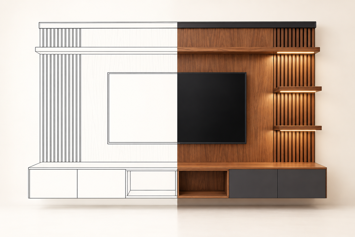 Vista frontal del mueble MOB ST - 006 CRI en nogal con repisas iluminadas y dos nichos centrales, mitad líneas y mitad render.